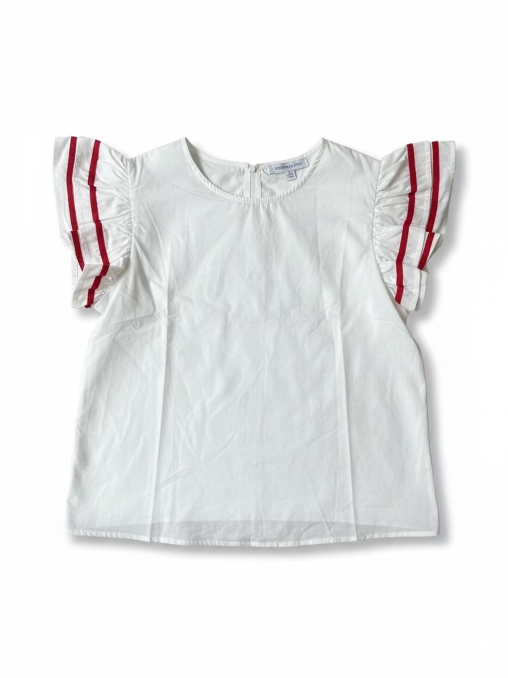 Prosperina‎ White Cotton Ruffle Sleeve Top Red Stripe L NWT